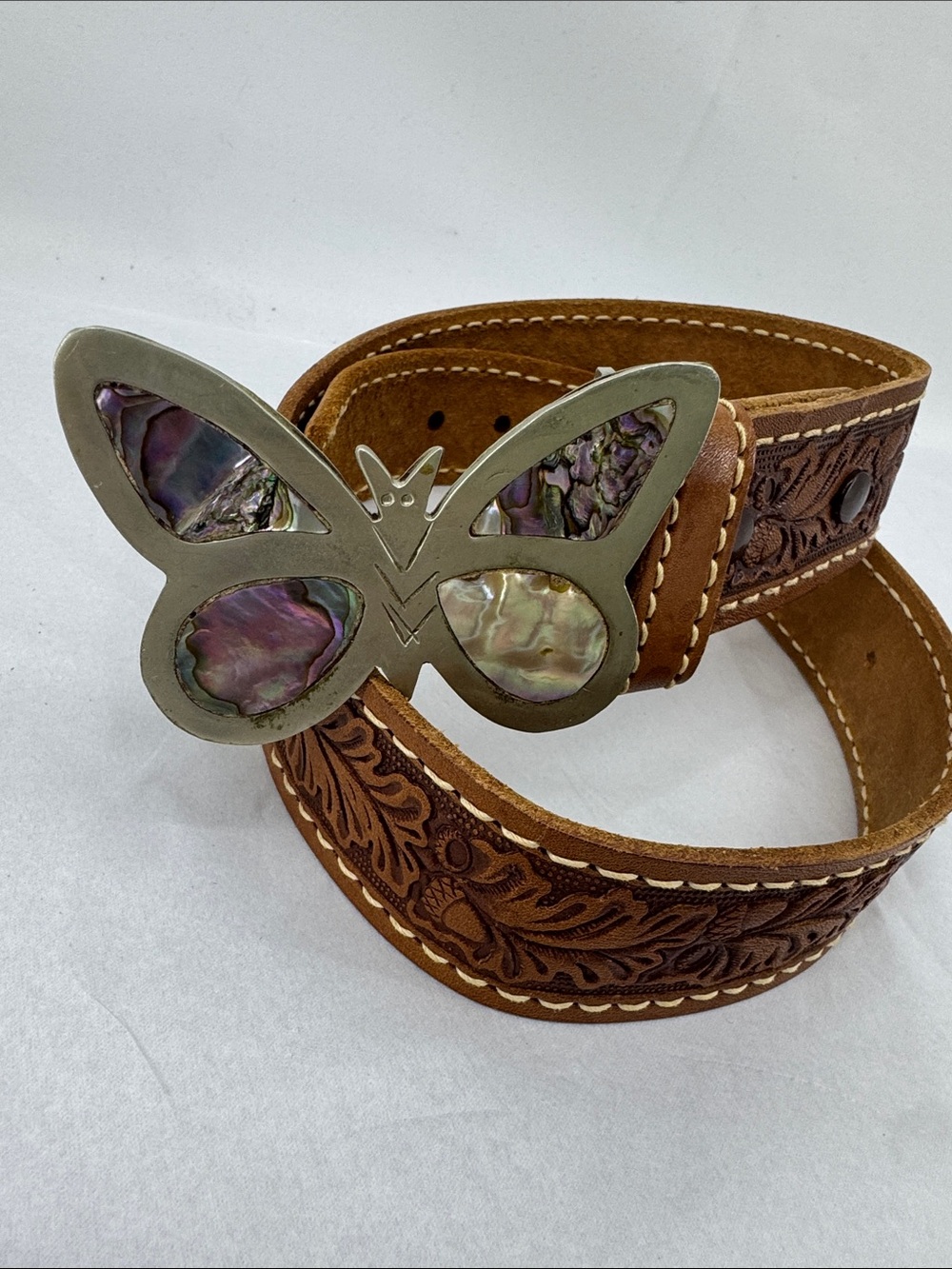 Sheyenne Mena, AK Tooled Leather Belt w/ Mother of Pearl Butterfly Bukcle, 32"